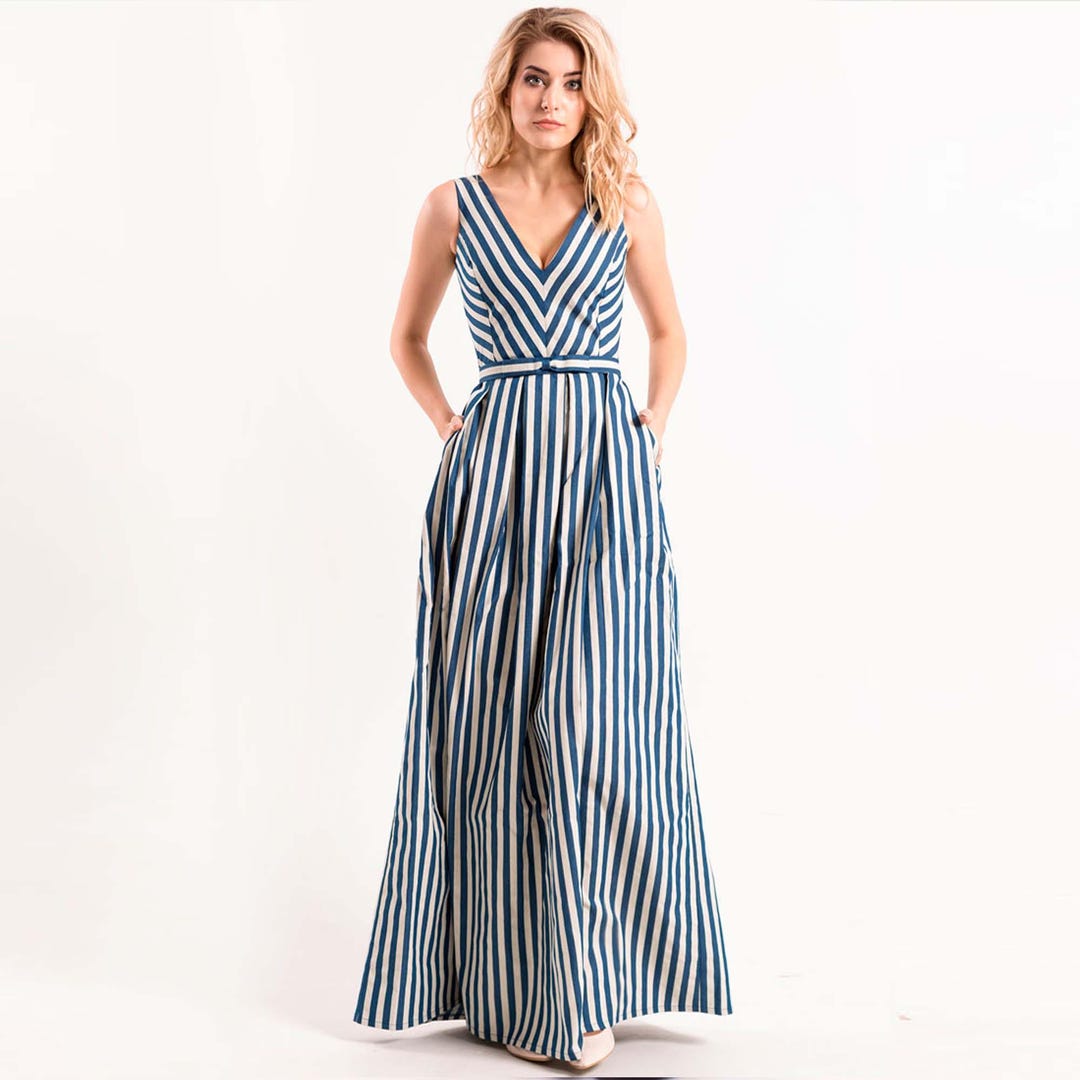denim and white striped dress Steel Blue and Ivory Pin Striped Denim Mini Dress