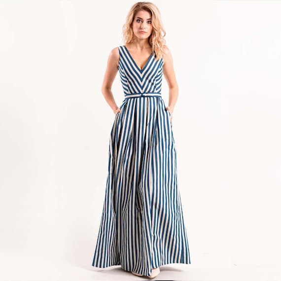 Striped Denim Elegance Maxi Dress: V-Neck A-Line Gown with Pockets