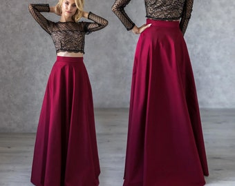 Elegant burgundy polished cotton skirt, maxi high waist skirt, long burgundy skirt, a line maxi skirt, pleated skirt