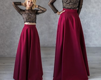 Elegant burgundy polished cotton skirt, maxi high waist skirt, long burgundy skirt, a line maxi skirt, pleated skirt