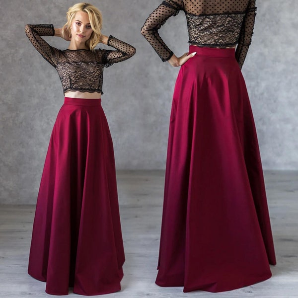 Elegant burgundy polished cotton skirt, maxi high waist skirt, long burgundy skirt, a line maxi skirt, pleated skirt