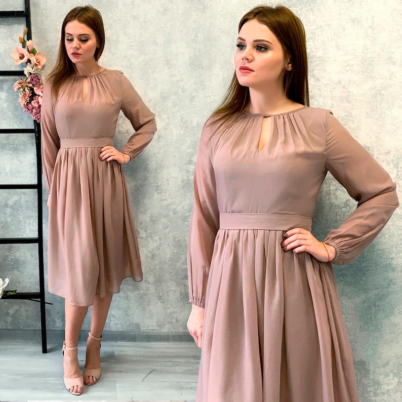 Romantic Blush Cocktail Flowy Dress With Long Sleeves Tender Etsy