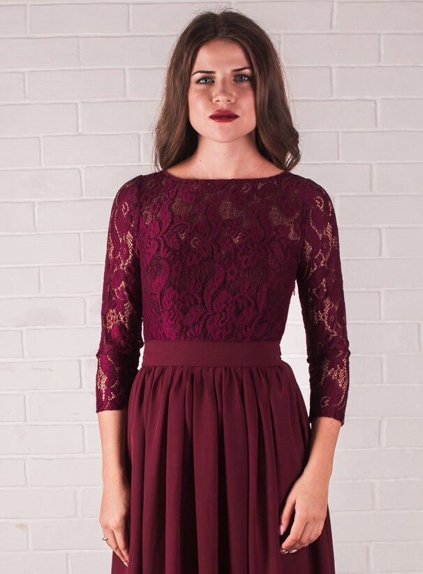 Burgundy Lace Top Chiffon Dress: Long Sleeve Wine Formal Gown