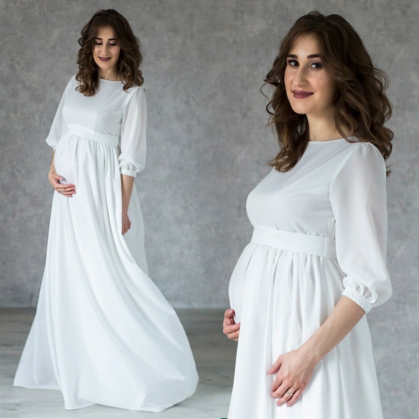 Eleganz Umstandskleid Hochzeit / Langes Elfenbein Formelles Kleid für Zukünftige Mama / Zartes Schwangerenkleid / Bodenlanges Umstandskleid