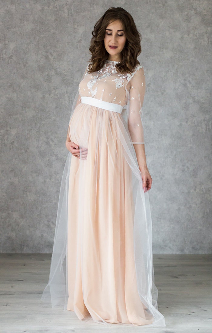 Long Bohemian Maternity Dress / Nude color lining boho bridal | Etsy