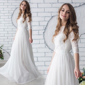 Ivory Wedding Dress With Lace Top And Sleeves / Women formal chiffon floral lace bridal dress / Bride wedding party long gown / Church dress
