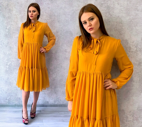 Restrained Mustard Dress for Photo Shoot Neck Bow Midi Chiffon Dress Cocktail Flowy Dress Stylish Dress With Long Sleeves Minimalist Gown Etsy