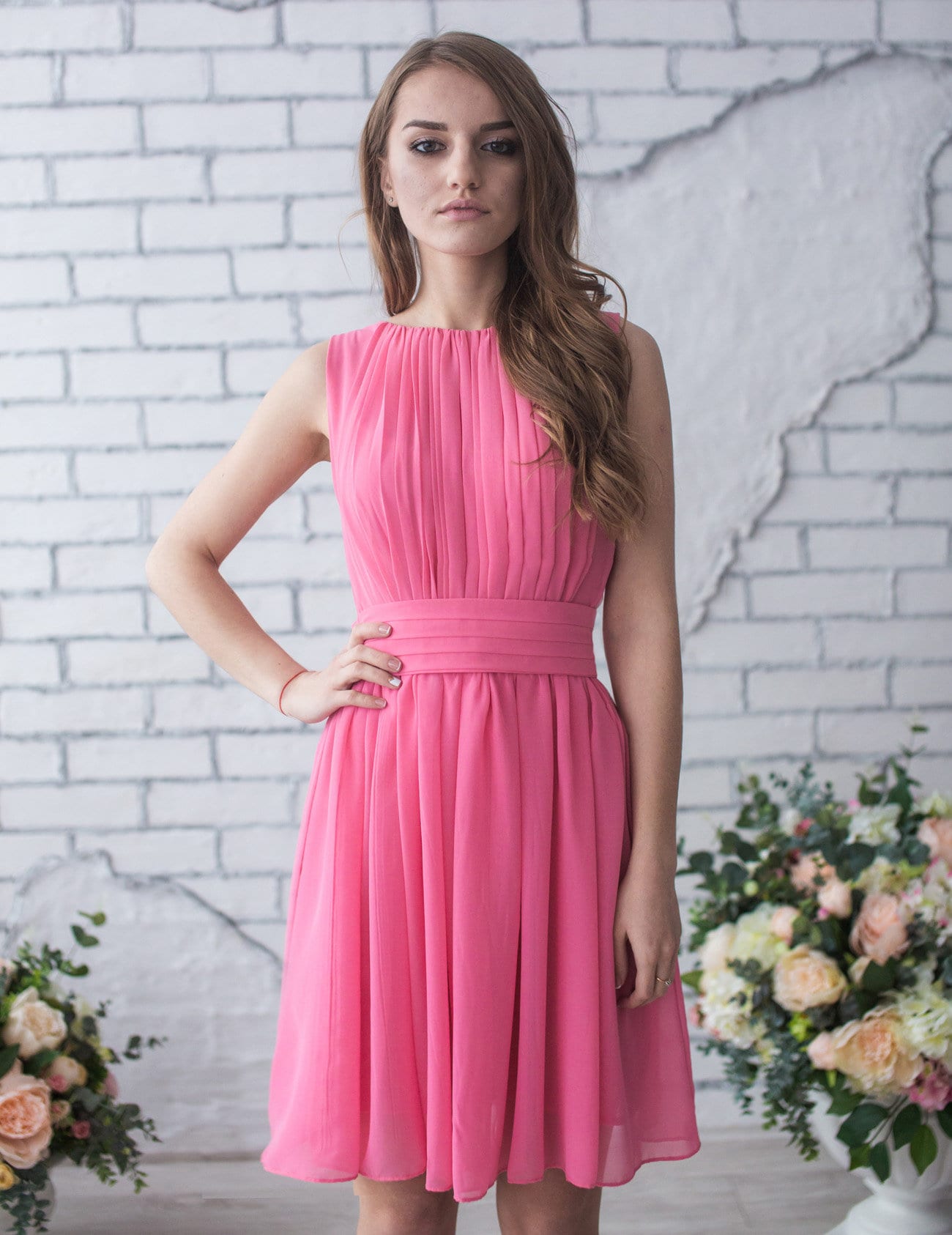 Pink Chiffon Cocktail Dress: Knee Length Greek Party Gown