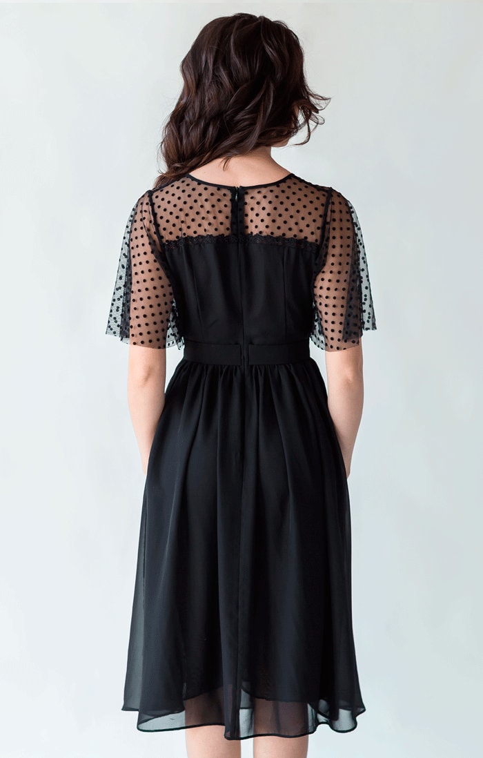 Black Chiffon Midi Dress: Polka Dot Tulle Sleeve Cocktail Dress