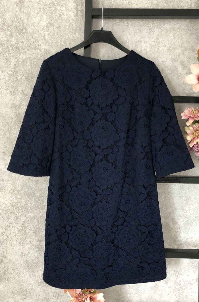 Navy Blue Lace Cocktail Dress: Floral Mini Dress with Sleeves