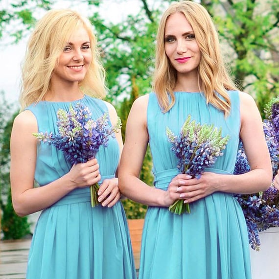 Blue Mint Chiffon Bridesmaid Dress: Long Greek Style Gown