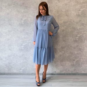 Stylish midi chiffon flowy dress, woman midi dress with long sleeves, midi cocktail dress, blue cocktail dress with bow, plus size clothing