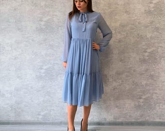 Blue Grey Chiffon Midi Dress: Long Sleeve Flowy Cocktail Dress with Bow