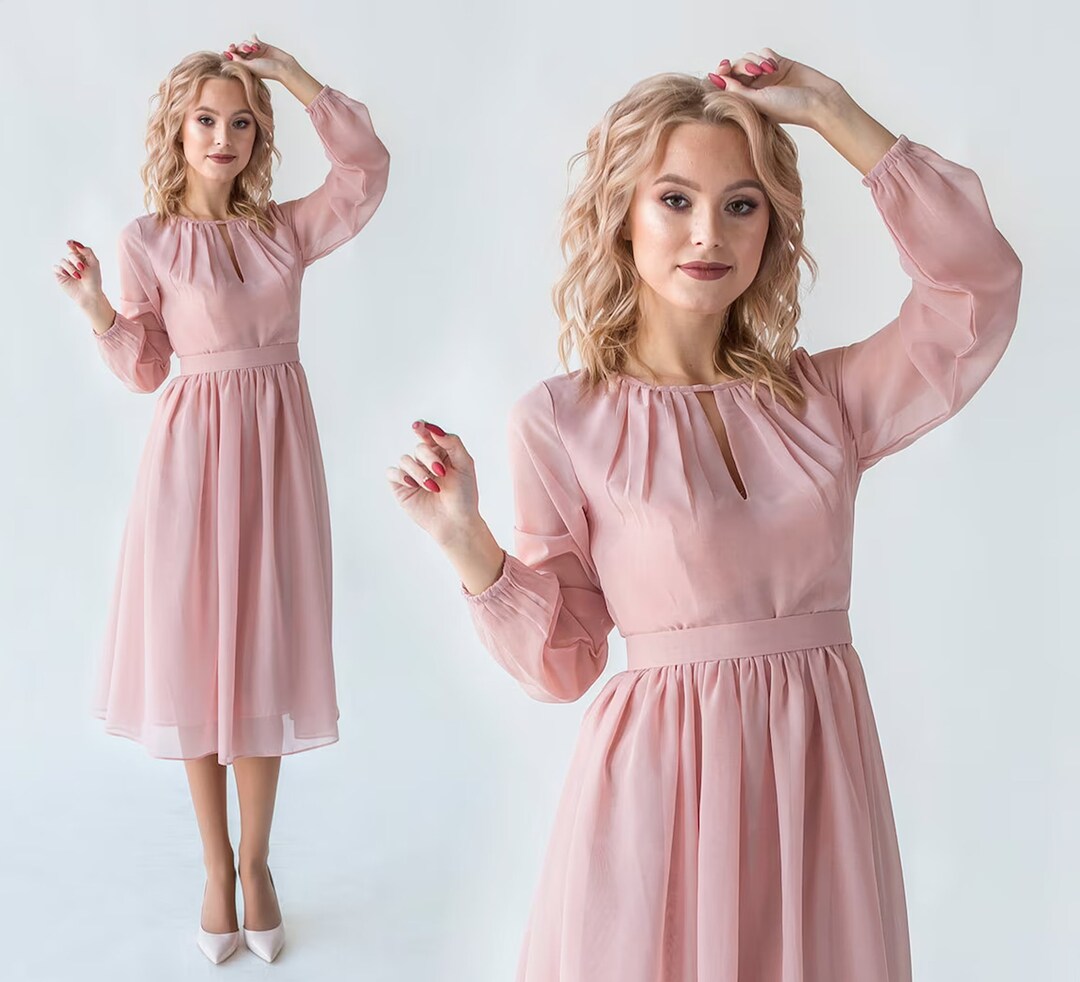 Romantic Blush Cocktail Flowy Dress With Long Sleeves, Tender Pink Midi ...