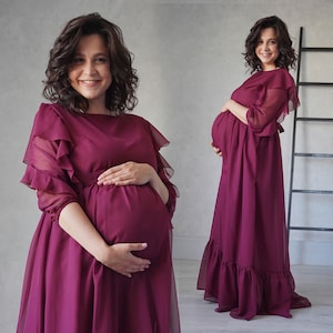 Burgundowa sukienka ciążowa z rękawami / Długa, zwiewna sukienka z szyfonu dla przyszłej mamy / Elegancka sukienka ciążowa / Sukienka ciążowa do sesji zdjęciowej