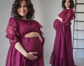 Burgundy Maternity Dress With Sleeves / Long Chiffon Flowy Dress for Future Mom / Elegance Pregnancy Gown / Maternity Photoshoot Dress