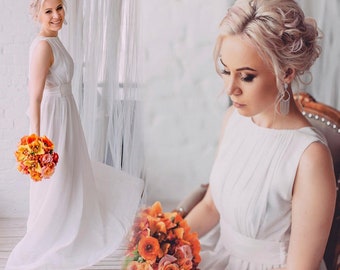 Chiffon Greek Civil Wedding Dress: Draped Bodice, Wide Waistband