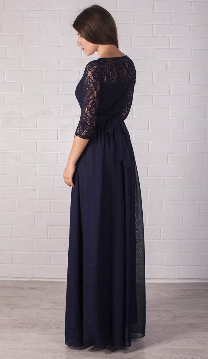 Navy Blue Chiffon Formal Gown: Lace Sleeve Flowy Maxi Evening Dress - Etsy