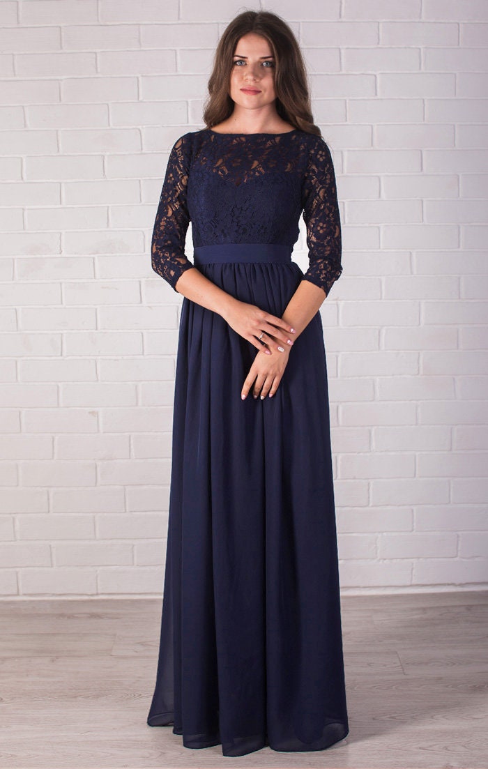 Navy Blue Chiffon Formal Gown: Lace Sleeve Flowy Maxi Evening Dress Navy Blue Chiffon Formal Gown: Lace Sleeve Flowy Maxi Evening Dress