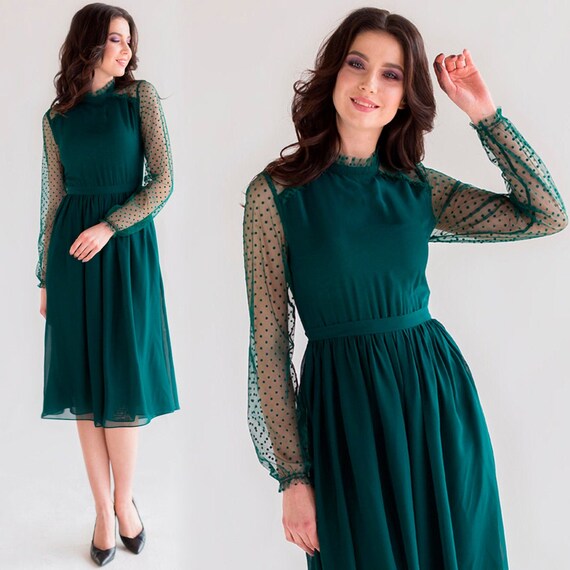 women long sleeve green dress