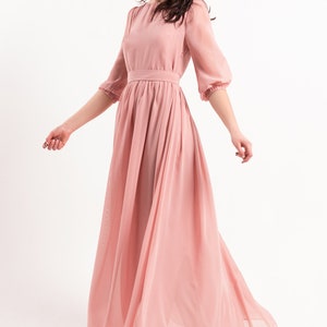 Women pink long sleeves a-line gowns, blush maxi dress with pearl buttons and sleeves, women formal chiffon closed dress, light pink dress image 4