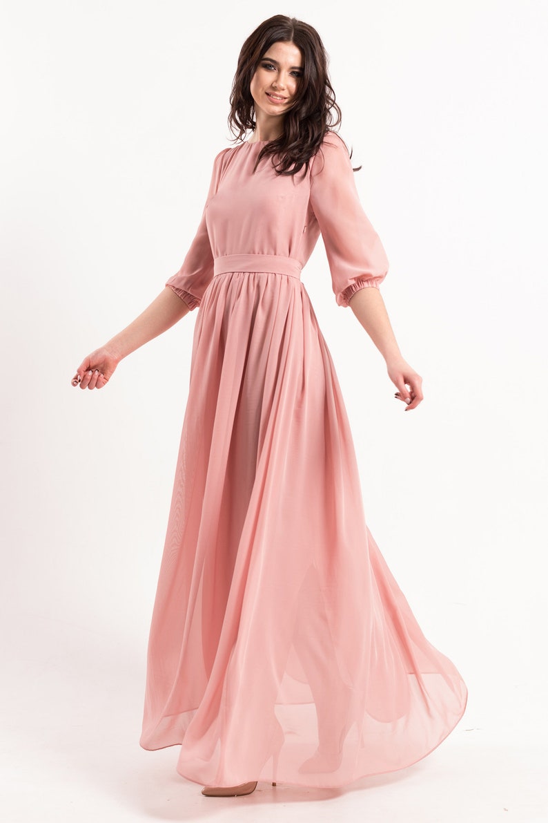 Women pink long sleeves a-line gowns, blush maxi dress with pearl buttons and sleeves, women formal chiffon closed dress, light pink dress image 4