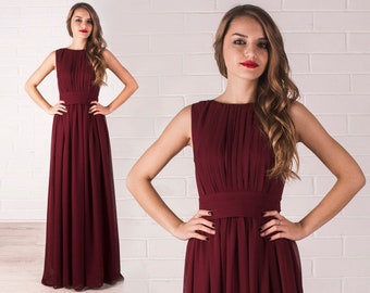 Marsala Maxi Evening Dresses / Grecian style formal floor length chiffon dress / Bride wedding party gown / Elegance long flowy prom gown