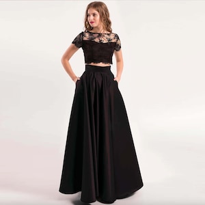 Elegant Formal Black Satin Full Skirt, Maxi black skirt with pockets