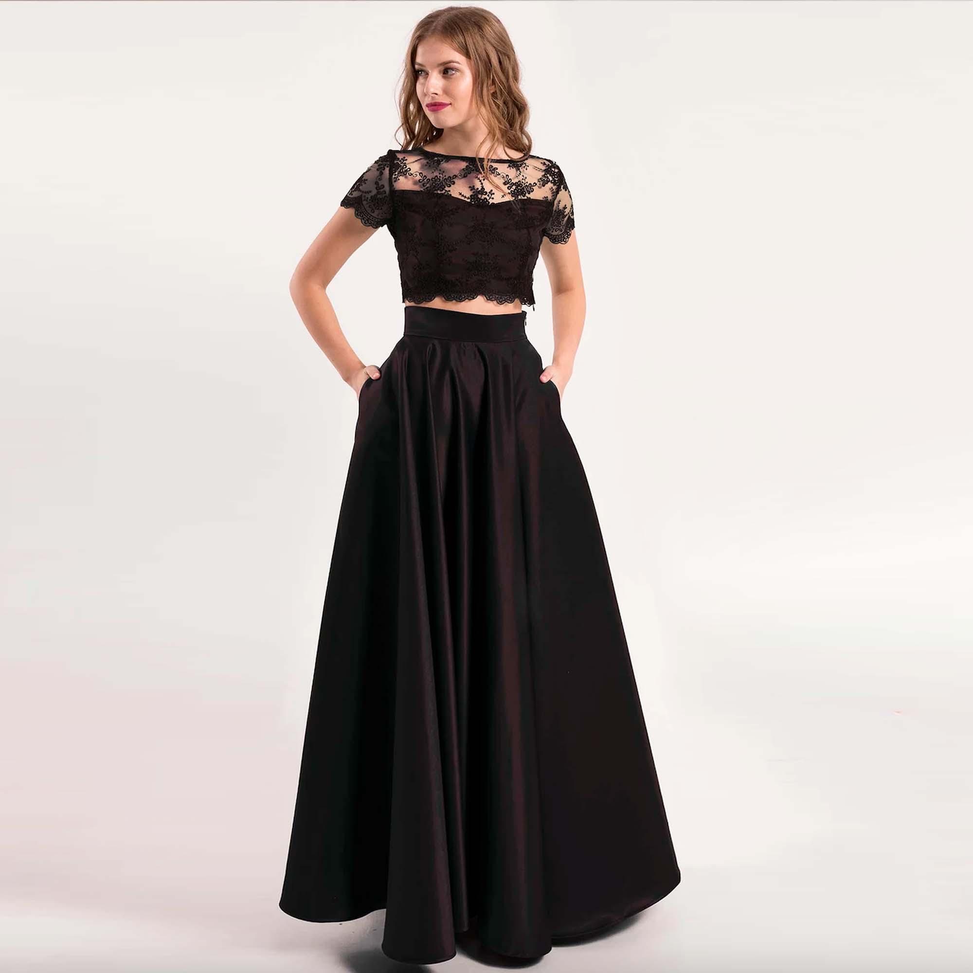 Elegant Black Satin Maxi Skirt: High Waist Circle Formal Skirt with Pockets