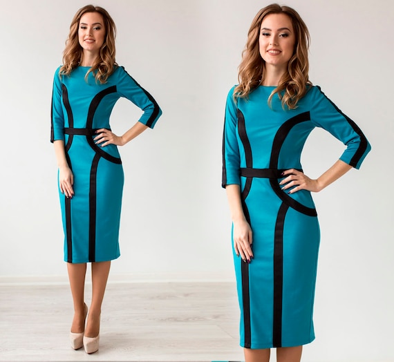 Teal Bodycon Dress: Jersey Knit, Black Stripe, 3/4 Sleeve Autumn Dress