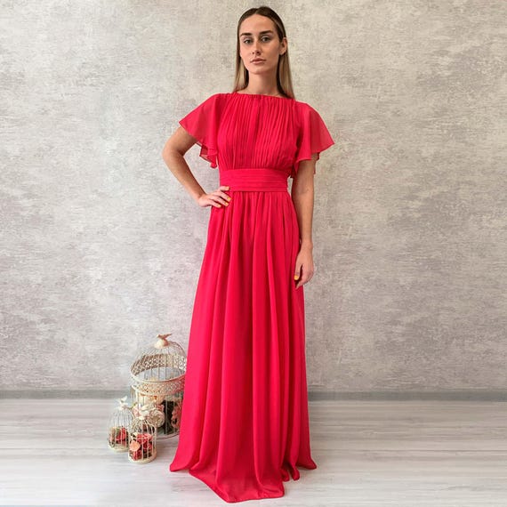 green emerald velvet dress Mother of The Bride Dresses Fuchsia Flowy Ruffle Sleeves V-Neck Ruched Back Zip Long Chiffon Mother of The Bride Dresses