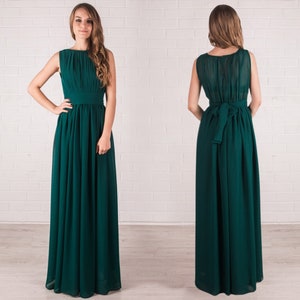 Elegance long chiffon flowy dress, emerald evening gown, woman formal sleeveless dress, Greek chiffon dress, Grecian style party dress
