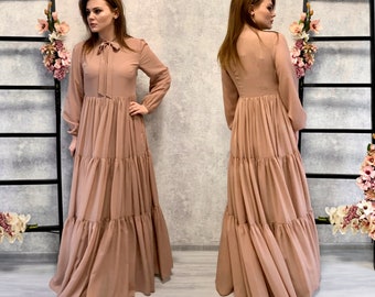 Cocoa Beige Chiffon Maxi Dress: Long Sleeve Bow Neck Gown