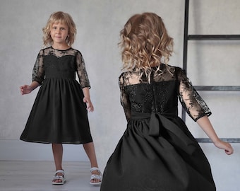 Elegante vestido de encaje negro para niña: atuendo formal para niña pequeña y niña de las flores