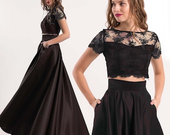 Elegant Formal Black Satin Full Skirt / Circle Skirt / Maxi black skirt with pockets / Evening floor length skirt / High waist satin skirt