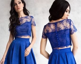 Evening blue crop top, lace top with pearl buttons, blue crop top, floral lace top with short sleeves, evening gown