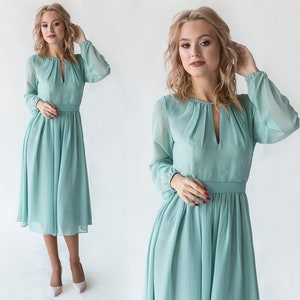 Minimalist Sage Cocktail Flowy Dress With Long Sleeves / Tender midi chiffon dress for womens / Wedding party gown / Elegant prom gown