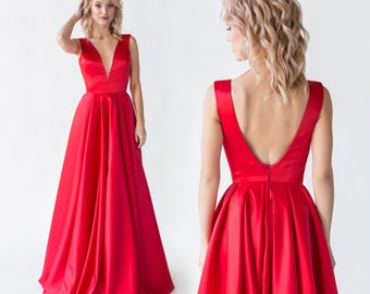 Red Satin Dress with Open Back and Built-in Bra / Woman formal long prom dress / Deep V-neck wedding party dress / Backless evening gown