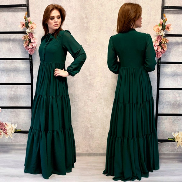 Emerald Floor Length Chiffon Dress, Green Flowy Dress with Long Sleeves, Emerald Green Party Dress, Summer Dress, Lightweight Dress