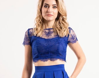 Royal Blue Lace Crop Top, Evening blue crop top, Short Sleeve Evening Blouse with Pearl Buttons, Floral lace top with short sleeves