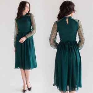 SALE 50% S size green dresses for women, long sleeve emerald formal midi dress, dark green dress, chiffon dress with polka dot sleeves