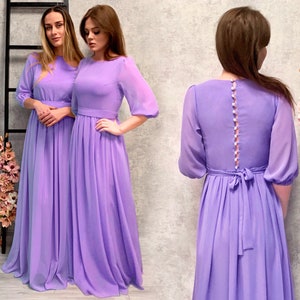 Lavender Maxi Dress with Pearl Buttons / Chiffon Long Dress with Sleeves / Lilac Wedding Floor Length Dress / Bridesmaid Lavender Long Dress