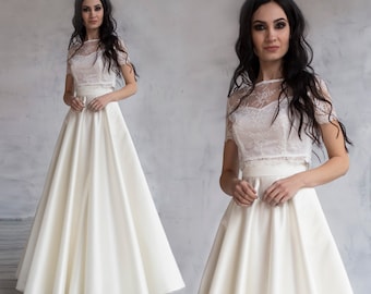 Two Piece Wedding Dress with Full Skirt / Bridal crop top & High waist satin skirt / Crop top wedding dress / Unconventional bridal gown