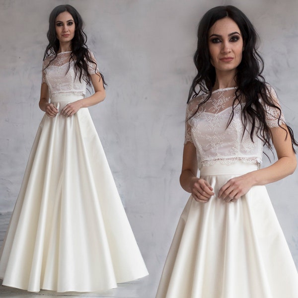 Two Piece Wedding Dress with Full Skirt / Bridal crop top & High waist satin skirt / Crop top wedding dress / Unconventional bridal gown