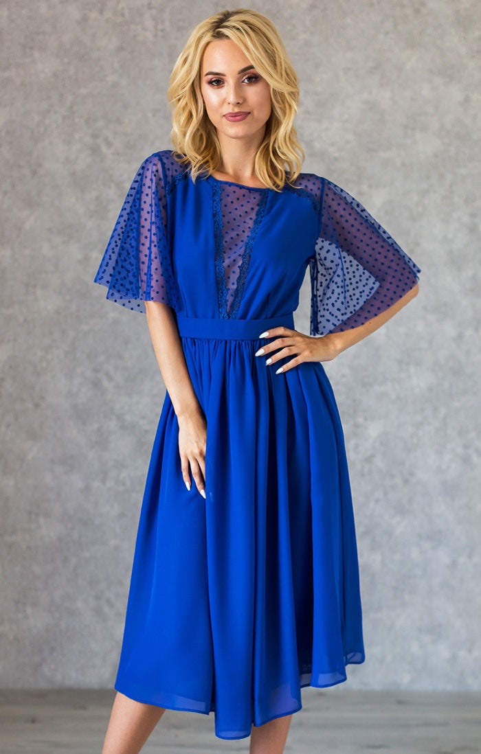Black Polka Dot Sleeve Tulle Dress, Chiffon Midi Party Dress