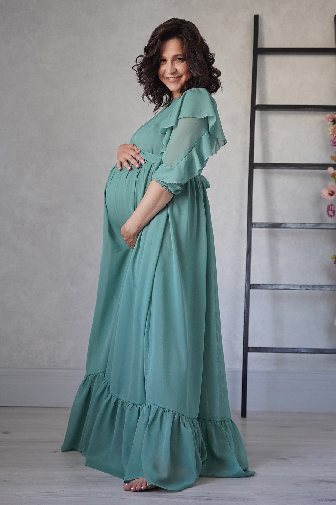 flowy chiffon maternity dress CYCLAMEN Maternity Dress Flowy A-Line Wrap Gown with Floral Lace and  Contrast Chiffon Long Sleeve
