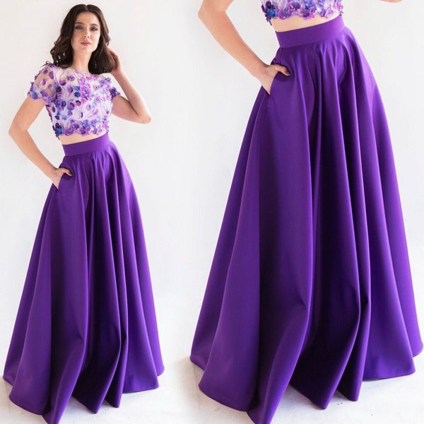 Jupe évasée élégante en satin violet, jupe longue violette avec poches, jupe longue violette, jupe de soirée longueur au sol, jupe formelle taille haute