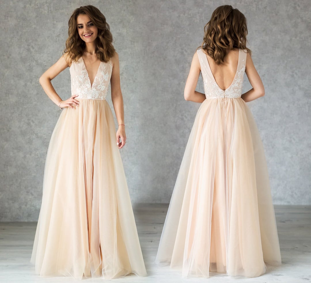 Open Back Chiffon Dresses with Deep V-neck Champagne Plus Size
