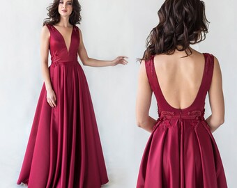 Backless Burgundy Satin Dress with Floral Decor / Beaded long formal evening dress with built-in bra / Deep V-neck wedding party dress