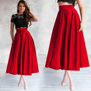 Midi red satin skirt, Beautiful mid calf skirt, Red mid length skirt, Red skirt for ladies, High waist midi skirt with pockets